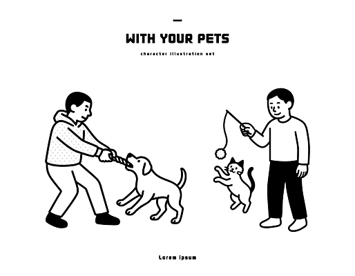 동물 캐릭터 남자 행복 일러스트 모션 놀이 주택 실내 사람 친구 반려동물 고양이 잡기 개 즐거움 줄다리기 놀기 국내일러스트 AI파일 감정 포유류 관계 내부 건물 파일형식 벡터