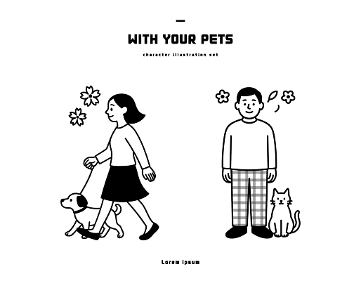 동물 캐릭터 꽃 일러스트 모션 거리 웃음 사람 친구 반려동물 소풍 고양이 산책 시골 도시 강아지 동료 즐거움 국내일러스트 AI파일 식물 감정 포유류 관계 휴식 표정 야외활동 개 파일형식 벡터
