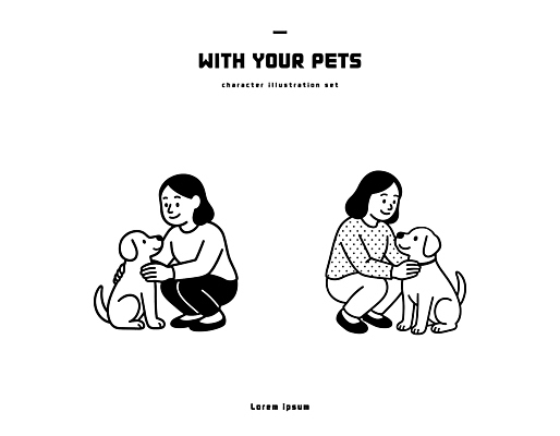 동물 캐릭터 행복 일러스트 가족 모션 놀이 함께함 사랑 사람 친구 반려동물 시간 개 즐거움 그림 일과 소통 쓰다듬기 국내일러스트 AI파일 감정 컨셉 포유류 관계 파일형식 벡터