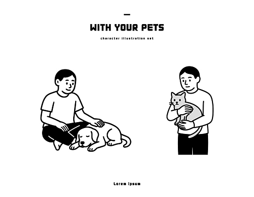 동물 캐릭터 일러스트 가족 모션 함께함 사랑 웃음 사람 친구 반려동물 고양이 다정 개 즐거움 심플 쓰다듬기 국내일러스트 AI파일 감정 컨셉 포유류 관계 표정 파일형식 벡터