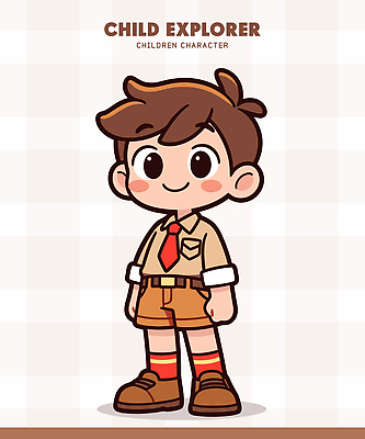 캐릭터 옷 어린이 셔츠 일러스트 반바지 상상 놀이 표정 웃음 소년 캐주얼 귀여움 주황색 탐험 도전 모험가 일러캐릭터 AI파일 남자 컬러 컨셉 상의 바지 사람 파일형식 벡터