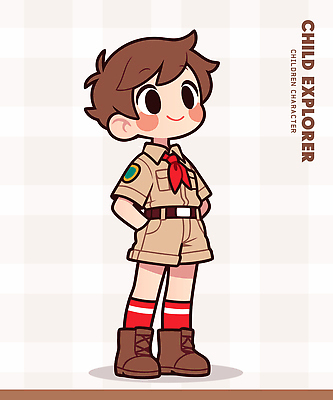 캐릭터 시선 옷 어린이 일러스트 미소 앞모습 귀여움 모험가 복고 긍정적 스카우트 스타일 일러캐릭터 AI파일 감정 뷰포인트 컨셉 표정 사람 파일형식 벡터