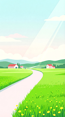 JPG 길 일러스트 자연 하늘 아침 산 거리 주택 풍경 초원 일상 초록색 파란색 햇빛 마을 봄 농촌 오후 국내일러스트 AI일러스트 AI콘텐츠 주간 계절 컬러 건물 라이프 태양 시골 생태계 파일형식