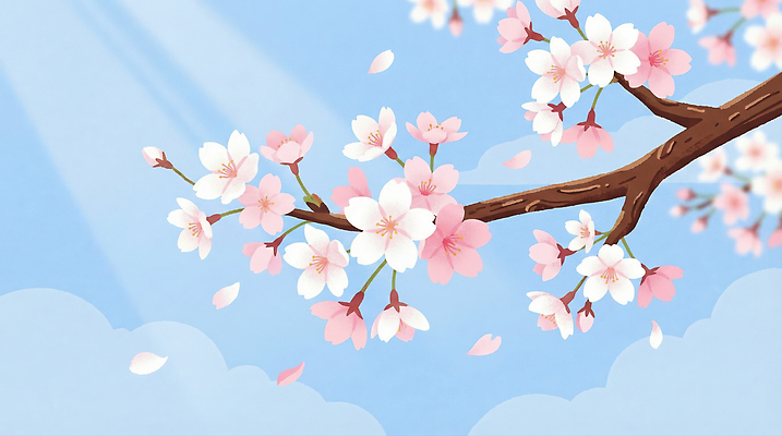 JPG 나무 계절 꽃잎 꽃 일러스트 자연 하늘 생명 날리기 바람 풍경 일상 햇빛 새싹 봄 벚꽃 나뭇가지 뷰티풀 국내일러스트 AI일러스트 AI콘텐츠 자연요소 식물 모션 날씨 라이프 태양 생태계 파일형식