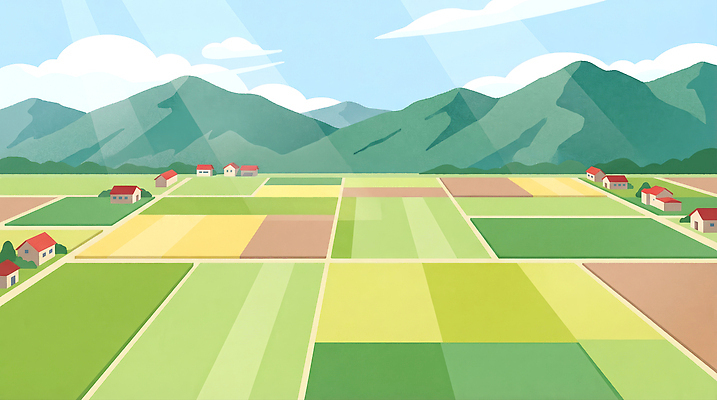 JPG 식물 계절 컬러 농업 일러스트 모션 자연 하늘 산 주택 풍경 초원 일상 농작물 농장 농경지 봄 발전 지역 청명 지역사회 국내일러스트 AI일러스트 AI콘텐츠 산업 컨셉 건물 라이프 생태계 파일형식