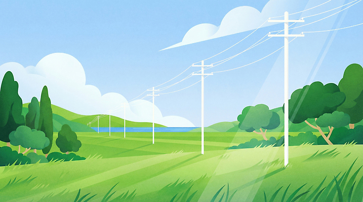 JPG 나무 길 일러스트 자연 하늘 바람 날씨 풍경 초원 물 환경 여름풍경 전선 시골 전봇대 조화 평원 풍경화 국내일러스트 AI일러스트 AI콘텐츠 자연요소 식물 공공시설 그림 생태계 파일형식 여름_계절