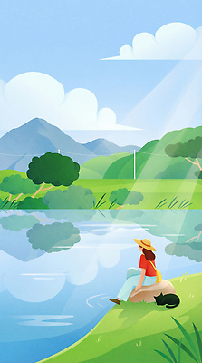 JPG 나무 여자 컬러 일러스트 자연 하늘 휴식 산 풍경 초록색 물 여름 햇빛 반사 평화 고양이 여름풍경 산책 강가 국내일러스트 AI일러스트 AI콘텐츠 자연요소 식물 계절 컨셉 포유류 사람 반려동물 강 태양 생태계 파일형식 여름_계절