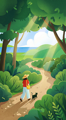 JPG 나무 동물 길 바다 여행 일러스트 자연 휴식 산 사람 풍경 초원 여름 햇빛 걷기 고양이 여름풍경 산책 출발 산길 국내일러스트 AI일러스트 AI콘텐츠 식물 계절 컨셉 포유류 모션 반려동물 태양 생태계 파일형식 여름_계절
