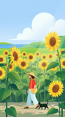 JPG 꽃 호수 밭 일러스트 자연 바람 날씨 해바라기 사람 풍경 초원 여름 농장 걷기 맑음 여름풍경 산책 강아지 언덕 싱그러움 국내일러스트 AI일러스트 AI콘텐츠 자연요소 식물 계절 농업 모션 휴식 반려동물 개 생태계 파일형식 여름_계절