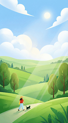 JPG 나무 동물 여행 하늘색 일러스트 자연 하늘 산 사람 풍경 햇빛 걷기 여름풍경 산책 자유 개 언덕 평지 국내일러스트 AI일러스트 AI콘텐츠 식물 컨셉 포유류 모션 휴식 파란색 태양 땅 생태계 파일형식 여름_계절