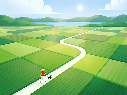 JPG 여자 길 백그라운드 일러스트 자연 하늘 산 풍경 초원 초록색 햇빛 농경지 걷기 일몰 여름풍경 산책 개 길가 블루스카이 평야 국내일러스트 컬러 포유류 모션 휴식 사람 태양 농장 노을 생태계 파일형식 여름_계절