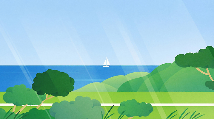 JPG 나무 바다 일러스트 자연 하늘 바람 항해 풍경 초원 여름 파란색 일출 맑음 여름풍경 숲 언덕 조화 수평선 차분 국내일러스트 자연요소 식물 계절 컬러 컨셉 배_교통 날씨 노을 생태계 파일형식 여름_계절