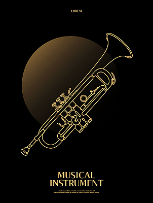 모양 디자인 예술 선 악기 음악 연주 곡선 라인일러스트 일러스트 검은배경 소리 금색 도구 표현 원형 악보 트럼펫 조화 창작 국내일러스트 AI파일 도형 컬러 백그라운드 문화예술 검은색 금관악기 파일형식 벡터