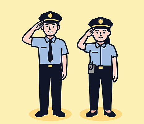 직업 여자 남자 유니폼 일러스트 관계 협력 직장 안전 경찰 서비스 장면 경례 경찰서 책임감 일반전초 경관 상호작용 국내일러스트 AI파일 옷 컨셉 회사 군대 사람 풍경 인사 파일형식 벡터