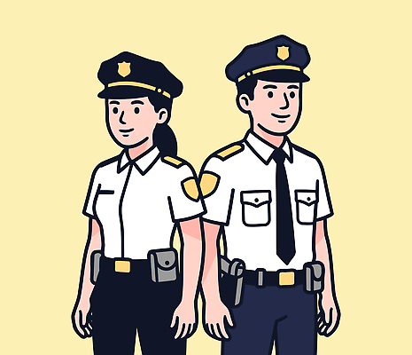 직업 캐릭터 여자 남자 일러스트 안전 장비 경찰 만화 서비스 법 배지 경찰복 규칙 시민 공무원 국내일러스트 AI파일 유니폼 사람 국민 파일형식 벡터