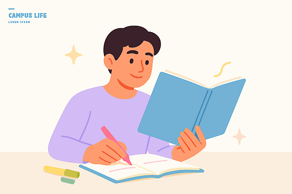 학생 일러스트 수업 색연필 아이디어 일상 책 학습 공책 방 교양 기록 메모지 시간 계획 집중 읽기 준비 국내일러스트 AI파일 교육 컨셉 모션 문구용품 학용품 라이프 사무용품 파일형식 벡터