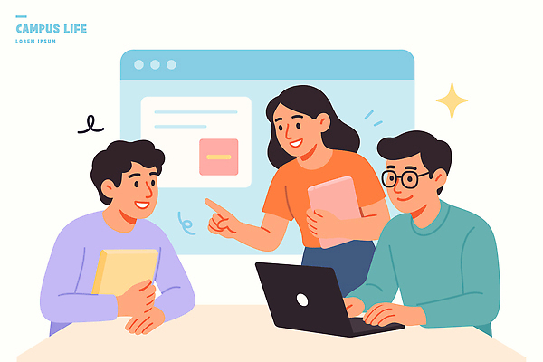 학생 교육 일러스트 교실 학교 탁자 회의 협력 아이디어 실험 대화 친구 노트북 학습 컴퓨터 자료 정보 작업 그룹 대학교 과제 국내일러스트 AI파일 가구 컨셉 비즈니스 관계 말하기 전자제품 파일형식 벡터