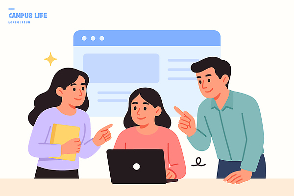 학생 교육 일러스트 수업 협력 아이디어 실험 이야기 대화 학습 컴퓨터 스크린 공책 정보 도움 자신감 질문 과제 지적 국내일러스트 AI파일 감정 컨셉 모션 문구용품 말하기 전자제품 파일형식 벡터