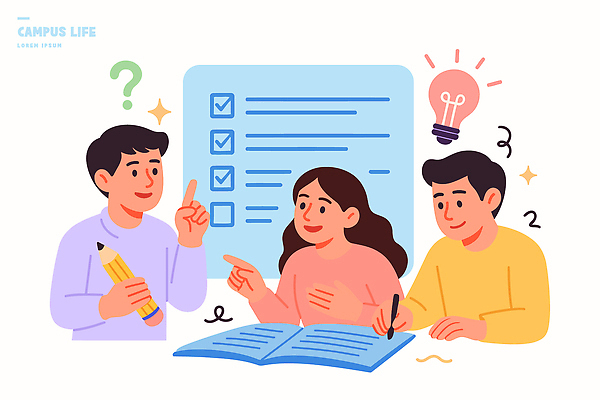 학생 일러스트 교실 수업 협력 아이디어 대화 책 학습 펜 기록 그룹 계획 토론 질문 정리 문제 이해 해답 국내일러스트 AI파일 교육 컨셉 학교 말하기 필기구 파일형식 벡터