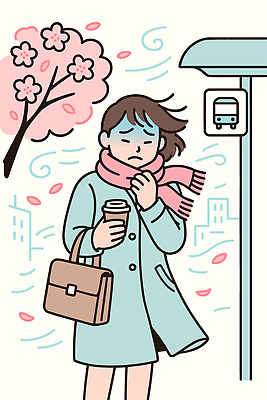 나무 손 여자 꽃 커피 가방 일러스트 모션 바람 날씨 거리 거리풍경 사람 일상 머리카락 스카프 봄 도시 버스정류장 기온 환절기 꽃샘추위 국내일러스트 AI파일 자연요소 식물 잡화 계절 음료 풍경 라이프 신체부위 머리 목도리 추위 역 파일형식 벡터