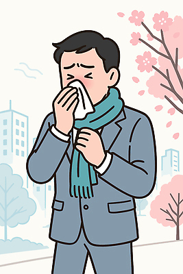 나무 옷 남자 겨울 일러스트 건물 일상 생활 환경 스카프 봄 고통 도시 청소 코 손수건 풀기 환절기 꽃샘추위 국내일러스트 AI파일 식물 건축물 계절 감정 모션 사람 라이프 신체부위 목도리 추위 파일형식 벡터