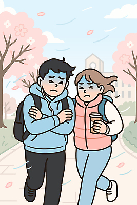 나무 공원 여자 남자 감정 길 커피 이동 일러스트 바람 날씨 거리 대화 두명 조깅 봄 산책 벚꽃 환절기 꽃샘추위 국내일러스트 AI파일 자연요소 식물 계절 공공시설 꽃 음료 컨셉 휴식 말하기 사람 운동 추위 파일형식 벡터