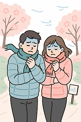 나무 손 공원 감정 길 겨울 일러스트 날씨 휴식 사람 풍경 두명 걷기 팔짱 스카프 봄 외투 추위 차가움 보온 털옷 환절기 꽃샘추위 국내일러스트 AI파일 식물 옷 계절 공공시설 컨셉 상의 모션 신체부위 목도리 파일형식 벡터