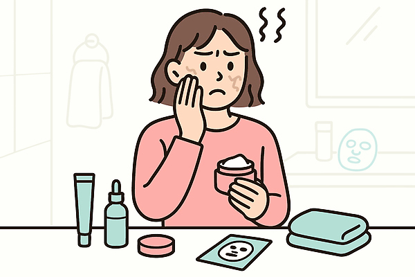 일러스트 스트레스 건강 관리 마스크 사람 치료 봄 화장품 욕실 세수 피부 크림 고민 화장대 스프레이 스킨케어 에센스 트러블 피부과 환절기 꽃샘추위 수분_꽃가루 국내일러스트 AI파일 계절 감정 가구 의학 병원 신체부위 뷰티 청결 추위 파일형식 벡터