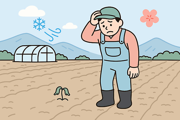 농업 일러스트 아침 날씨 씨앗 야외 농작물 농장 환경 농사 봄 추위 수확 농부 걱정 온도 일손 초봄 환절기 꽃샘추위 국내일러스트 AI파일 주간 식물 직업 계절 감정 산업 파일형식 벡터