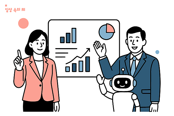 직업 컨셉 비즈니스 관계 사무용품 작업 파일형식 벡터 자료 발표 전문직 로봇 그래프 서류판 기술 협력 동료 AI_인공지능 회의 업무 정보 성장 통계 분석 결과 시장 전략 일러스트 국내일러스트 AI파일
