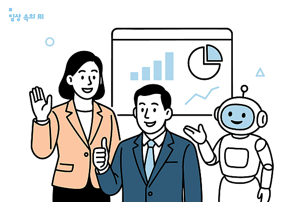 컨셉 비즈니스 말하기 인사 파일형식 벡터 사람 로봇 사무실 대화 그래프 스크린 손인사 협력 기술 자료 미래 AI_인공지능 경영 혁명 소통 프레젠테이션 일러스트 국내일러스트 AI파일