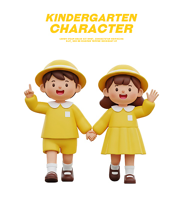 PSD 편집이미지 캐릭터 손 어린이 학교 놀이 웃음 두명 친구 노란색 유치원 유치원생 잡기 유치원복 조화 편집3D 옷 교육 컬러 관계 모션 표정 사람 신체부위 3D 파일형식