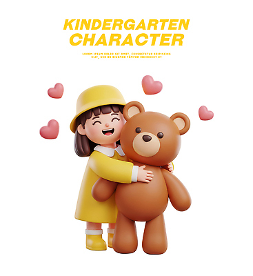 PSD 편집이미지 캐릭터 옷 행복 어린이 인형 포옹 웃음 노란색 유치원 유치원생 곰인형 하트 장면 유치원복 편집3D 모양 교육 감정 컬러 안기 표정 사람 3D 파일형식
