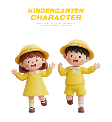 PSD 편집이미지 캐릭터 디자인 옷 어린이 예술 인형 모션 웃음 노란색 걷기 유치원 유치원생 유치원복 편집3D 교육 컬러 표정 사람 3D 파일형식