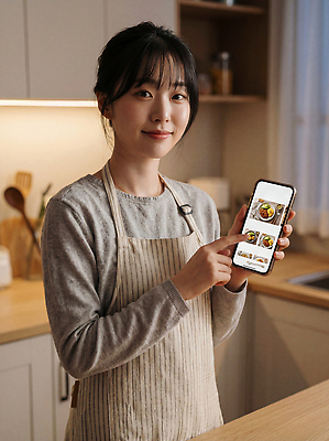 JPG 편집이미지 손 여자 음식 요리 스마트폰 주방 요리사 도구 확인 준비 레시피 의료성형뷰티 편집실사 AI인물포토 AI콘텐츠 직업 사람 신체부위 핸드폰 스마트기기 CG 파일형식 AI포토