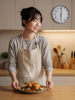 식기 음식 생활용품 상의 표정 사람 CG 파일형식 AI포토 주방 요리 여자 스웨터 접시 구이 채소 시계 벽 주방용품 미소 일과 편집이미지 편집실사 JPG 의료성형뷰티 AI인물포토 AI콘텐츠