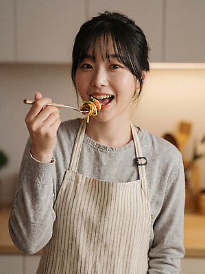 JPG 편집이미지 여자 한식 음식 포크 재료 요리 미소 주방 식사 앞치마 레시피 의료성형뷰티 편집실사 식기 표정 사람 CG 파일형식