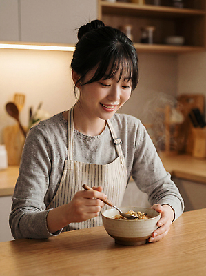 JPG 편집이미지 그릇 여자 음식 재료 모션 주방용품 조명 따뜻함 요리 웃음 주방 숟가락 즐거움 준비 의료성형뷰티 편집실사 식기 감정 생활용품 수저 표정 사람 CG 파일형식