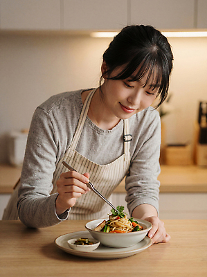 JPG 편집이미지 음식 재료 젓가락 가정 식탁 건강 요리 주방 요리사 식사 면류 준비 주부 주말 의료성형뷰티 편집실사 AI인물포토 AI콘텐츠 직업 탁자 수저 CG 파일형식 AI포토