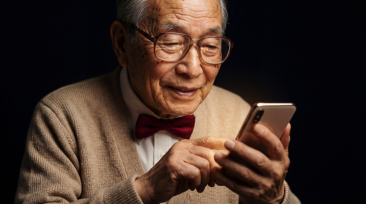 JPG 편집이미지 시선 할아버지 노년 남자 포즈 백그라운드 나비넥타이 기술 웃음 스마트폰 스크린 어둠 기쁨 연결 소통 의료성형뷰티 편집실사 AI인물포토 AI콘텐츠 감정 컨셉 넥타이 표정 사람 성인 핸드폰 스마트기기 CG 파일형식 AI포토
