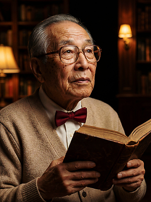 JPG 편집이미지 전통 할아버지 노년 문화 안경 나비넥타이 조명 책 독서 교양 시간 서재 집중 착용 의료성형뷰티 편집실사 AI인물포토 AI콘텐츠 잡화 남자 컨셉 넥타이 성인 CG 파일형식 AI포토