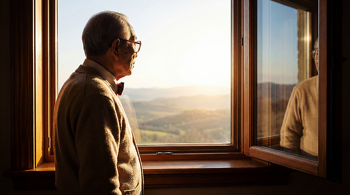 JPG 편집이미지 응시 할아버지 노년 창문 산 주택 서기 풍경 야외 노을 일몰 시간 순간 오후 의료성형뷰티 편집실사 AI인물포토 AI콘텐츠 자연요소 시선 남자 모션 성인 건물 CG 파일형식 AI포토