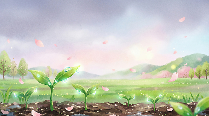 JPG 나무 식물 꽃잎 일러스트 자연 하늘 생명 바람 산 풍경 잔디 초원 파란색 농작물 햇빛 새싹 흙 봄 물방울 봄비 국내일러스트 AI일러스트 AI콘텐츠 자연요소 계절 꽃 컬러 농업 날씨 태양 비_날씨 생태계 파일형식