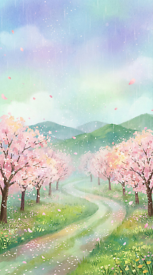 JPG 나무 꽃잎 길 컬러 일러스트 자연 하늘 산 한국 풍경 소풍 봄 벚꽃 봄비 찡그림 떨어짐 온도 흐림 뷰티풀 전경 국내일러스트 AI일러스트 AI콘텐츠 식물 계절 꽃 아시아 컨셉 날씨 표정 야외활동 비_날씨 생태계 파일형식 탑뷰