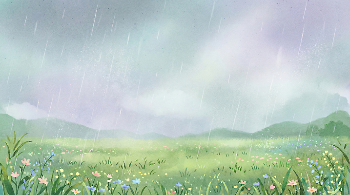 JPG 계절 꽃 일러스트 모션 자연 하늘 생명 날씨 풍경 초원 초록색 소리 습기 물방울 시골 봄비 땅 생태계 국내일러스트 AI일러스트 AI콘텐츠 식물 컬러 봄 비_날씨 파일형식