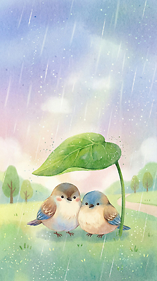 JPG 모양 동물 컬러 두마리 일러스트 자연 조류 하늘 나뭇잎 풍경 초원 초록색 친구 물방울 쌍 봄비 보호 숲 국내일러스트 컨셉 잎 2 관계 봄 비_날씨 생태계 파일형식