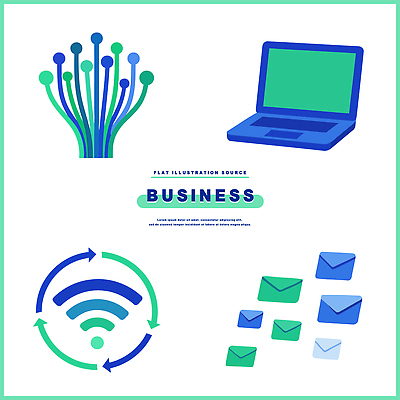 디자인 인터넷 일러스트 비즈니스 통신 기술 그래픽 초록색 파란색 노트북 사무실 디지털 자료 정보 작업 네트워크 이메일 서비스 와이파이 시스템 소통 국내일러스트 AI파일 컬러 컨셉 전자제품 무선인터넷 파일형식 벡터