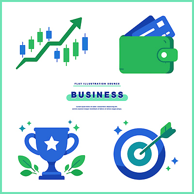 컬러 컨셉 비즈니스 그래프 경제 상_우승 파일형식 벡터 상승 지갑 트로피 목표 도안 금융 결과 성공 투자 계획 수익 관리 시장 수치 전략 경쟁 일러스트 국내일러스트 AI파일 초록색 파란색
