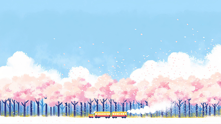 JPG 나무 꽃 감정 분홍색 여행 이동 일러스트 자연 하늘 바람 거리 풍경 일상 소리 봄 기차 시간 연기 땅 국내일러스트 AI일러스트 AI콘텐츠 자연요소 식물 계절 육상교통 컬러 컨셉 날씨 대중교통 라이프 생태계 파일형식