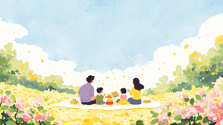JPG 행복 어린이 음식 꽃밭 일러스트 가족 모션 자연 하늘 풍경 초원 야외 부모 소풍 봄 시간 즐거움 명상 화사함 놀기 국내일러스트 AI일러스트 AI콘텐츠 계절 꽃 감정 컨셉 관계 사람 야외활동 생태계 파일형식
